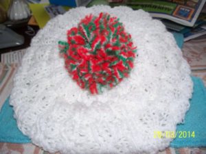 White-Knitted-Beret-with-Red-&-Green-PomPom-300x225 White Knitted Beret with Red & Green PomPom